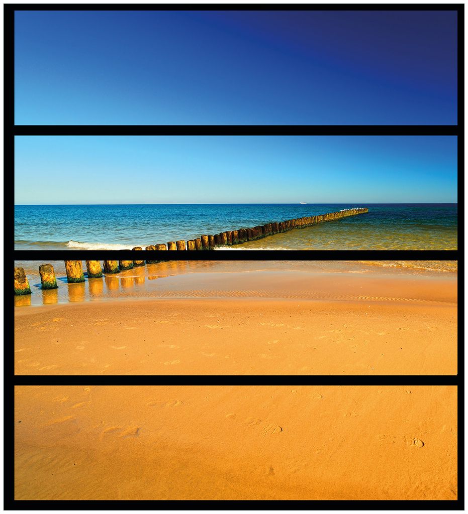 Wallario Möbelfolie / Aufkleber, geeignet für Ikea Malm Kommode mit 4 Schubfächern - Sandstrand in orange - Blaues Meer - Blauer Himmel