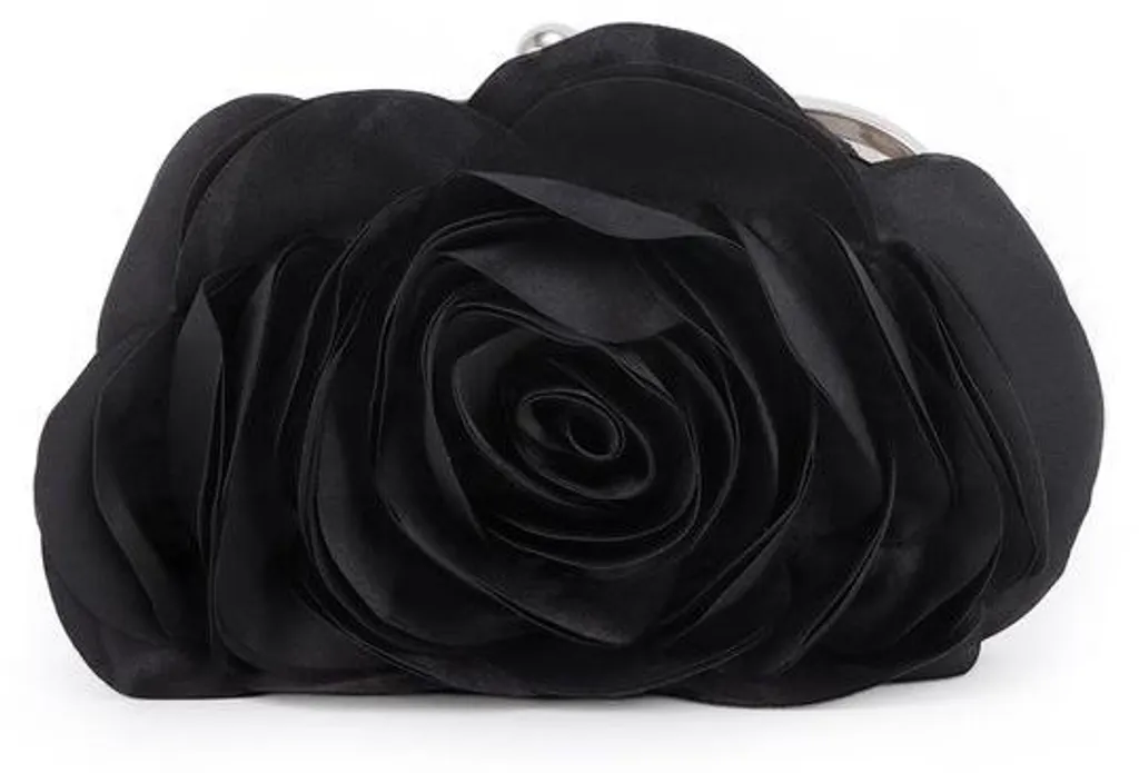 Pochette satinée noire motif roses en relief, élégance femme soirée