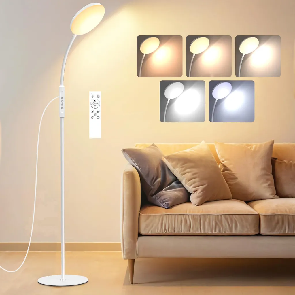 Lampada da terra a LED Dimmerabile a 5 temperature di colore Lampada da terra con timer e collo d'oca regolabile per studio, camera da letto, ufficio, bianco