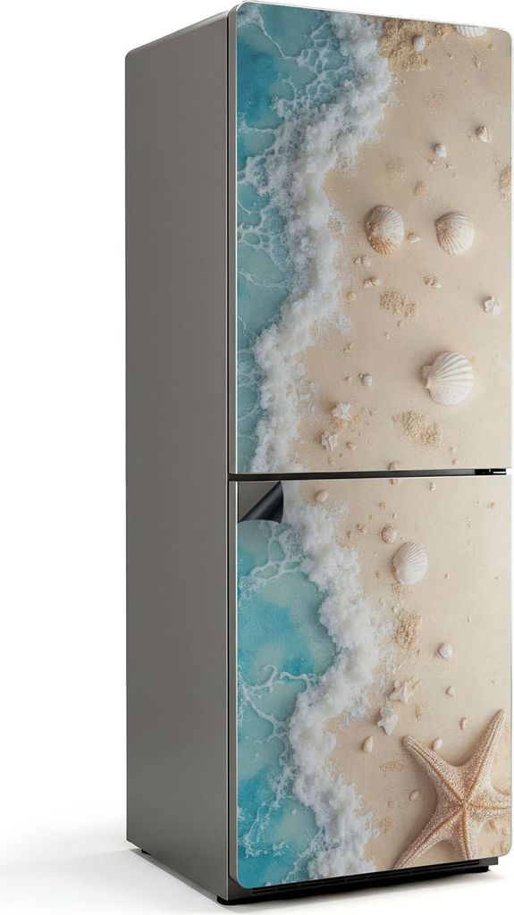 Strand mit Muscheln und Wellen – Magnetische Kühlschrank Abdeckung – Dekorfolie magnetisch Küche – Kühlschrank Magnet Deko – selbstklebe...