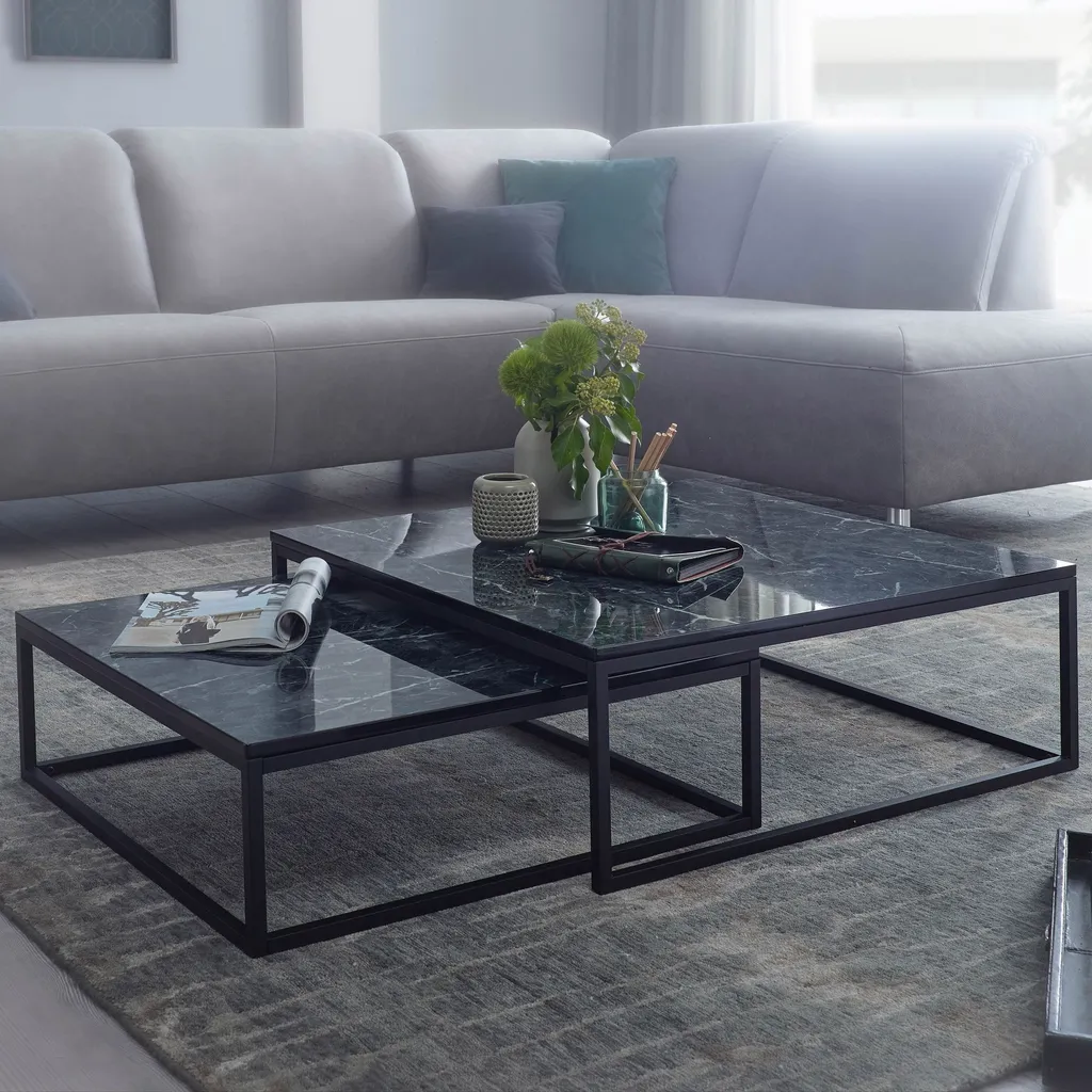 Set de 2 Tables d'Appoint Marbre Noir Design pour Salon Contemporain