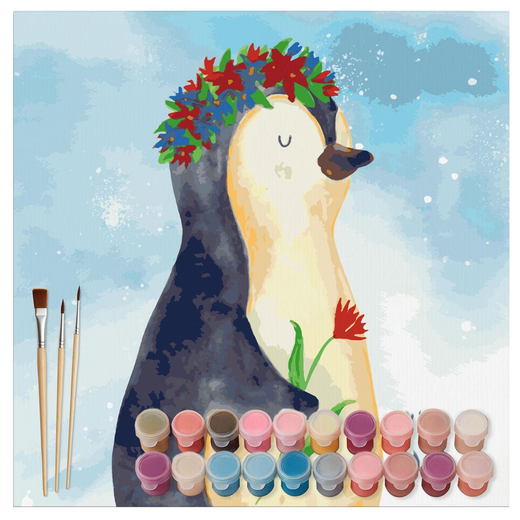 Mr. & Mrs. Panda Malen nach Zahlen Pinguin Blumen Motiv 40 x 40 cm Ohne Rahmen - Eisblau - Geschenk, Blumenliebe, Bild, DIY, set, Wunderschön, Lei...