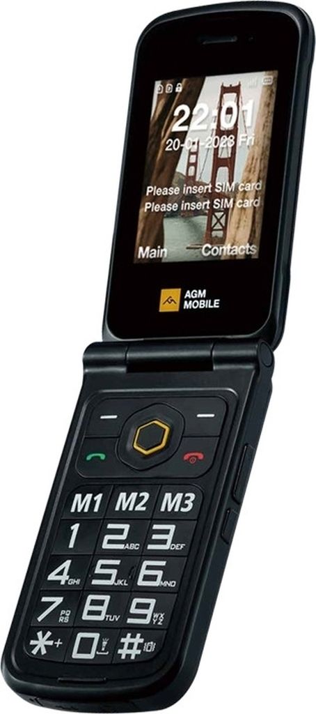A black AGM Mobile M8 Klapper 4G Rugged flip phone is shown open against a white background.