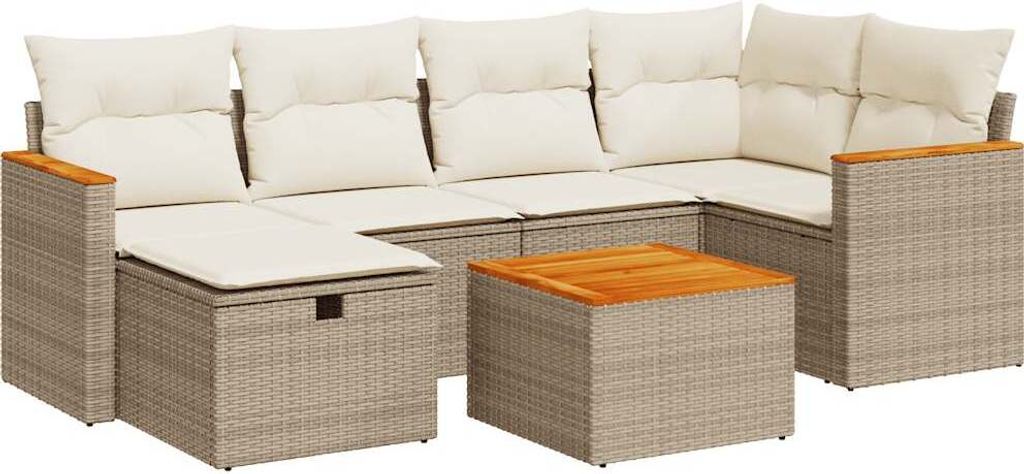 7-tlg. Garten-Sofagarnitur mit Kissen Beige Poly Rattan