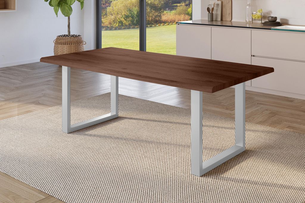 Esstisch Baumkante Holz-Optik Nussbaum 200 x 100 U-Gestell silber JULIUS