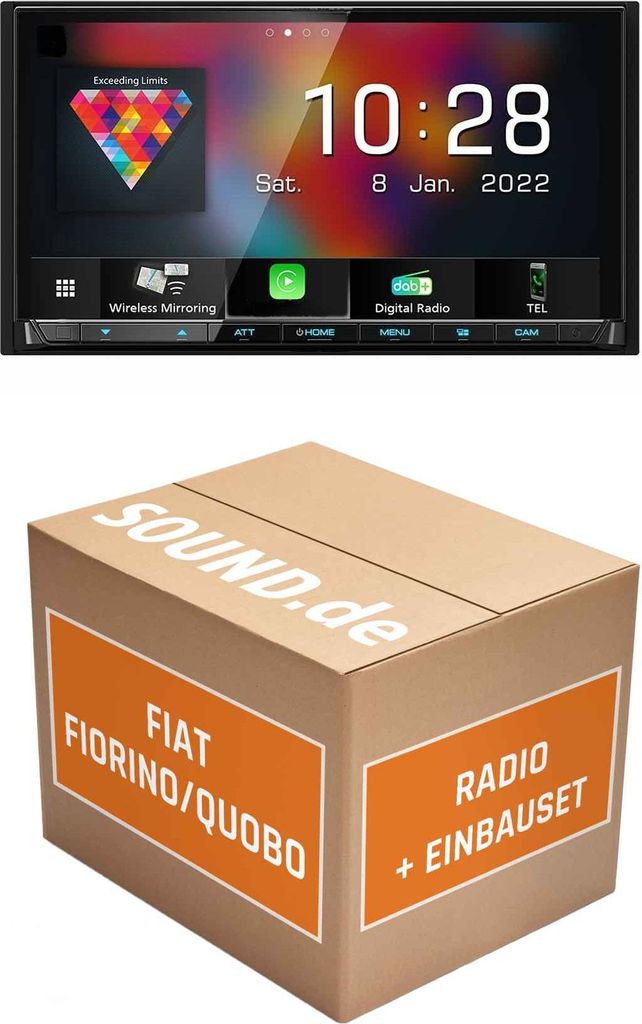 Autoradio Einbaupaket Kenwood DMX8021DABS passend für Fiat Fiorino 225 + Blaupunkt / Delphi | (Wireless) Apple CarPlay (Wireless) Android Auto