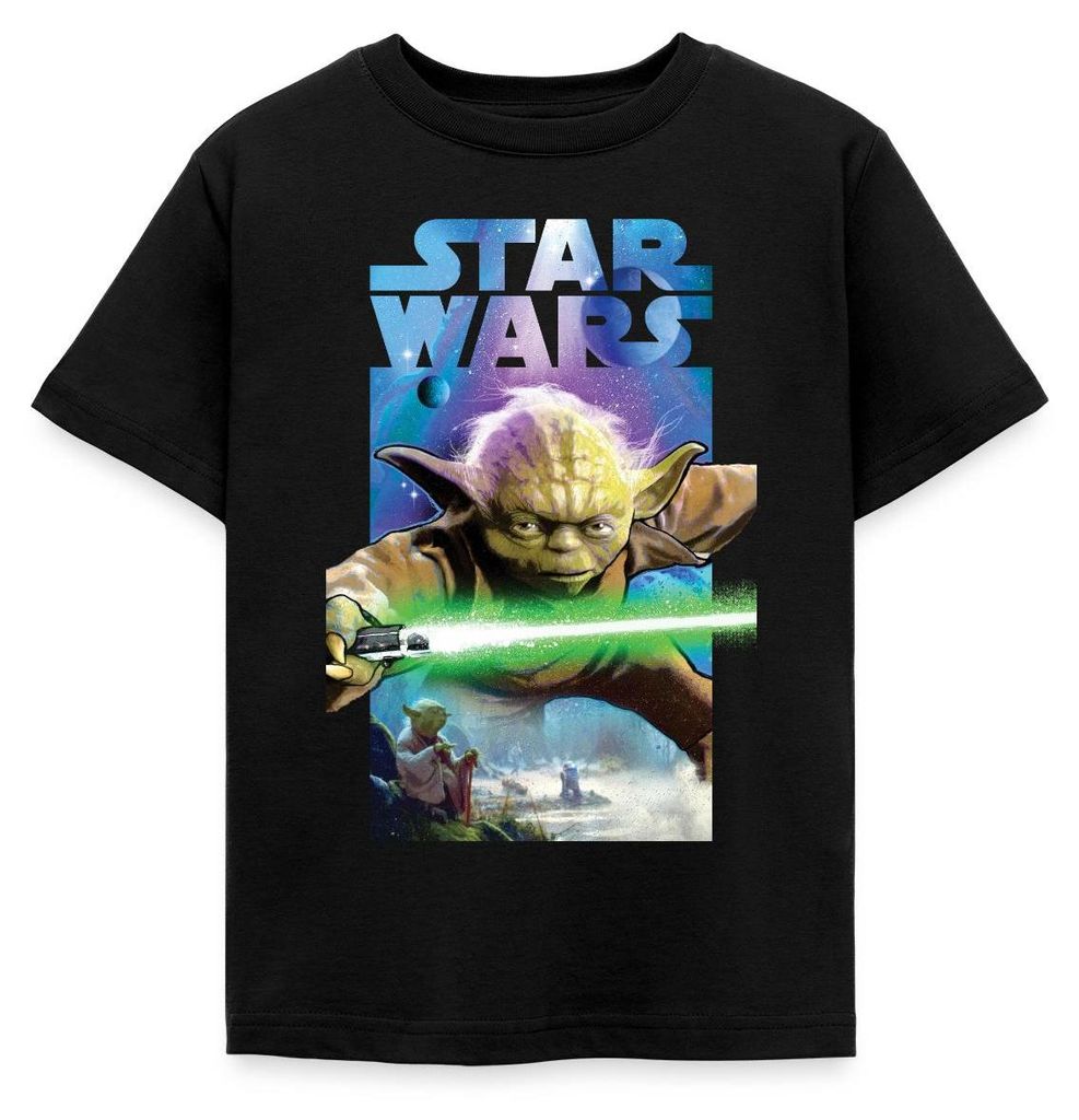 Star Wars Meister Yoda Und Grünes Lichtschwert Kinder T-Shirt, 98/104 (3-4 Jahre), Schwarz