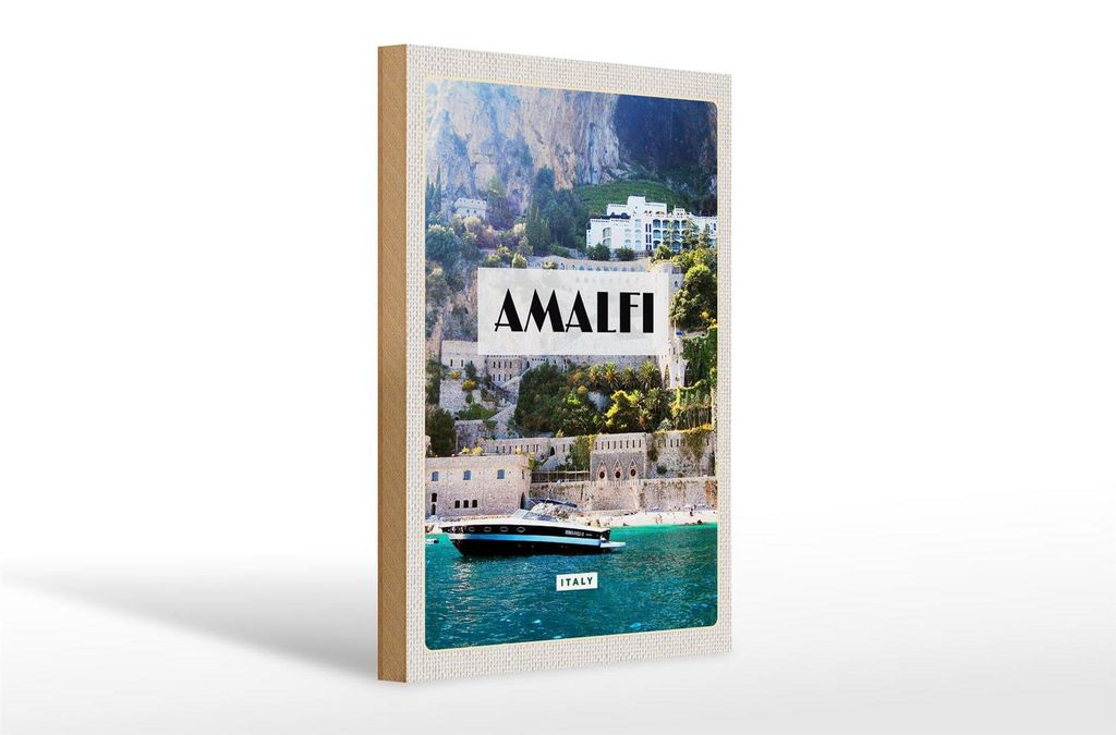 Holzschild Reise 20x30cm Amalfi Italy Wasser Berge