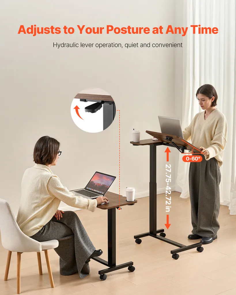 Comodino VEVOR, tavolino mobile con piano di lavoro pieghevole, tavolino per laptop regolabile in altezza e angolazione, comodino per ufficio e studio - 2