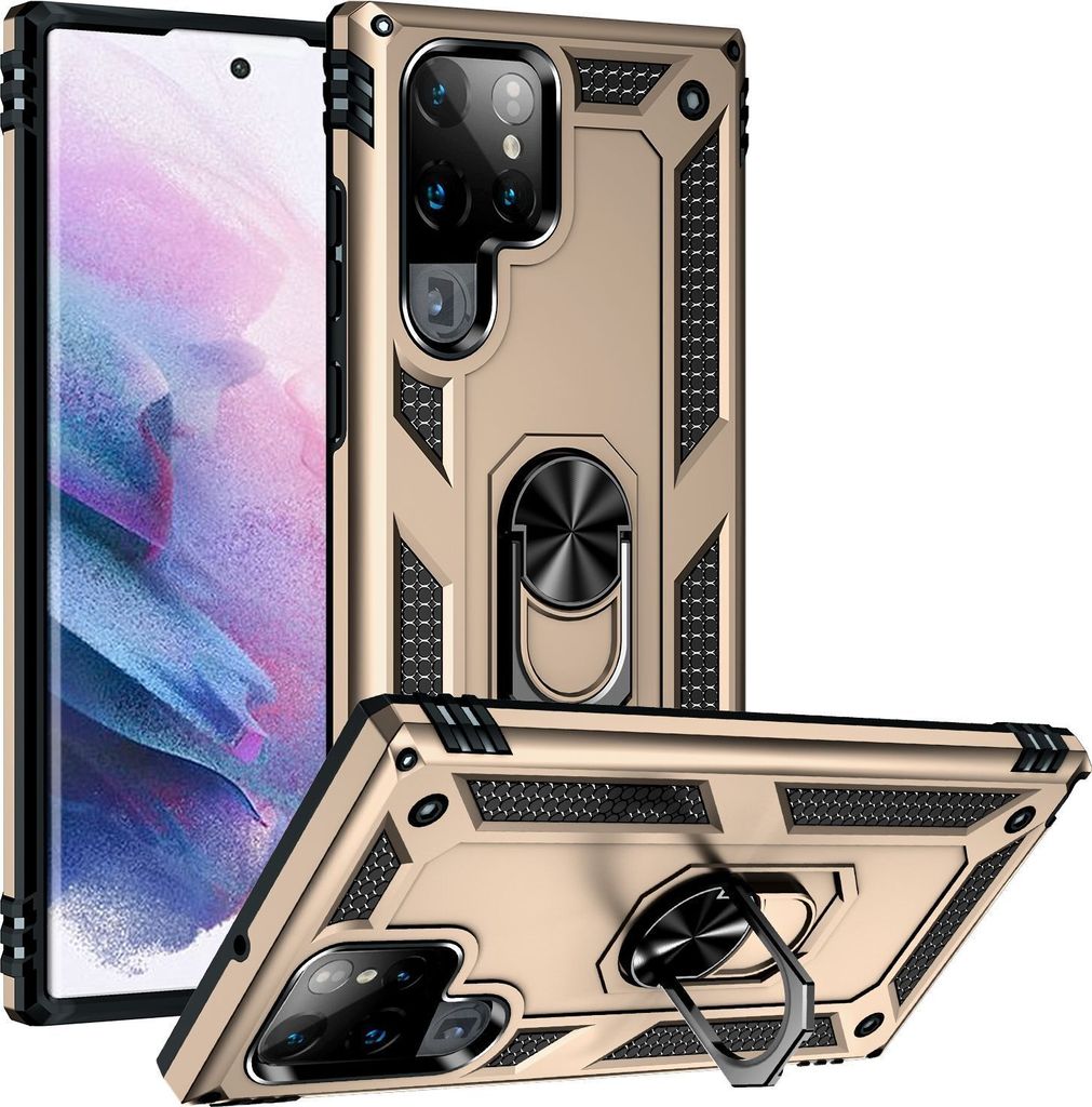 Mobigear Armor Ring Samsung Galaxy S22 Ultra Hülle Hardcase Backcover Stoßfest mit Ringhalter - Gold