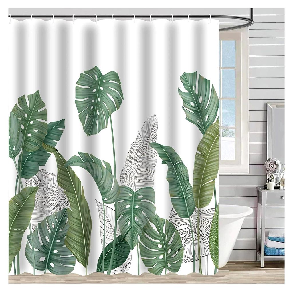 Duschvorhang,Shower Curtain 180x180,Duschvorhang Blumen mit Grünen, Der Saum Hängt Natürlich, Wasserdicht und Schimmelresistent, mit ösen und 1...
