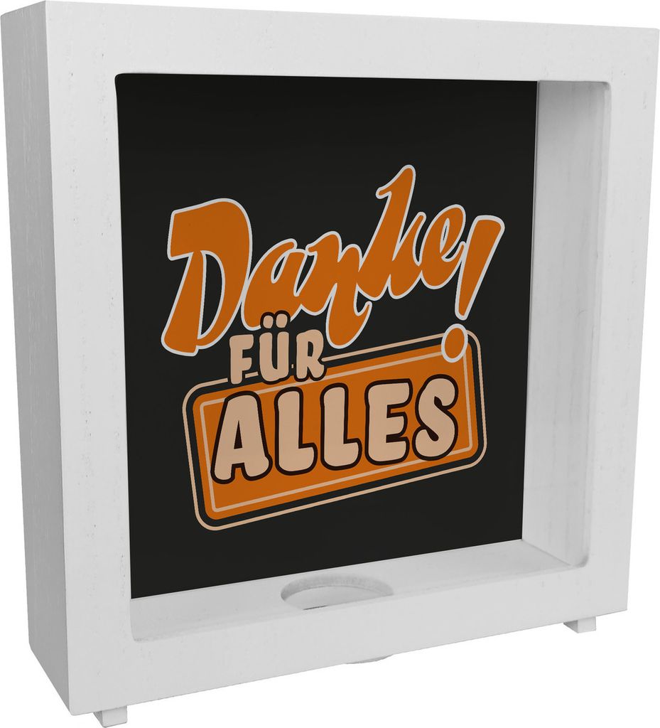 Rahmen Spardose aus Holz in Orange zum Thema Dankbarkeit - Danke für Alles!