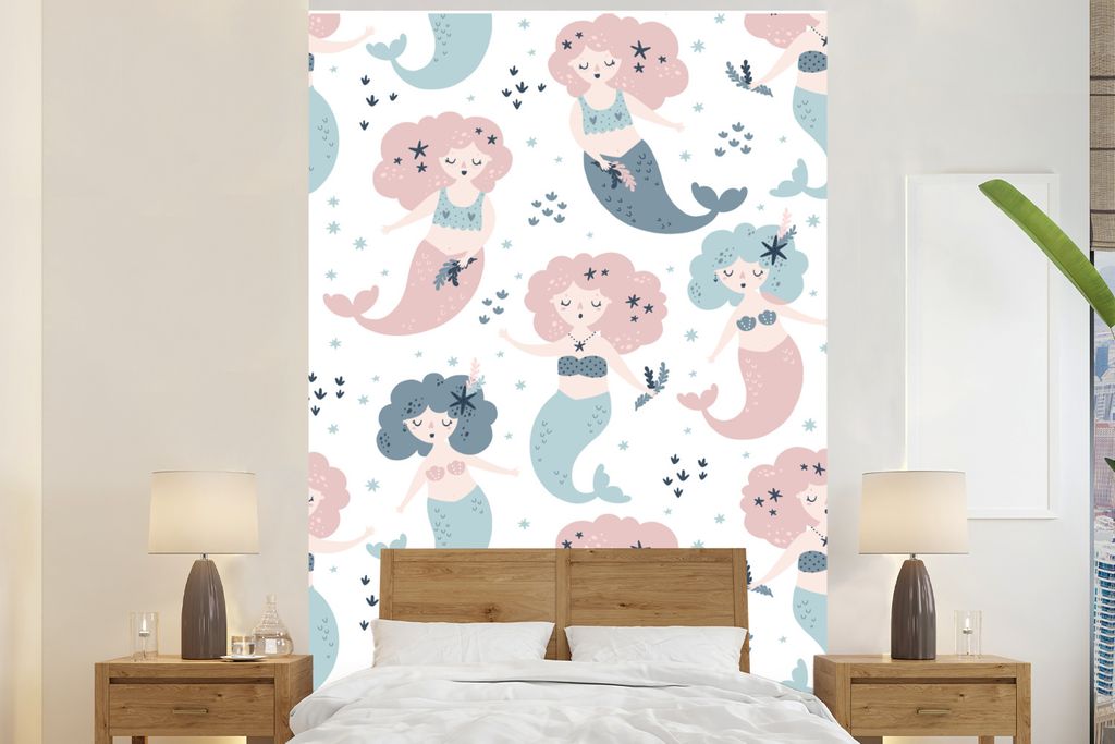 MuchoWow Fototapete für Wohnzimmer oder Schlafzimmer Wandtapete Vinyl Motivtapete Muster - Meerjungfrau - Sterne - 145x220 cm - Wanddekoration