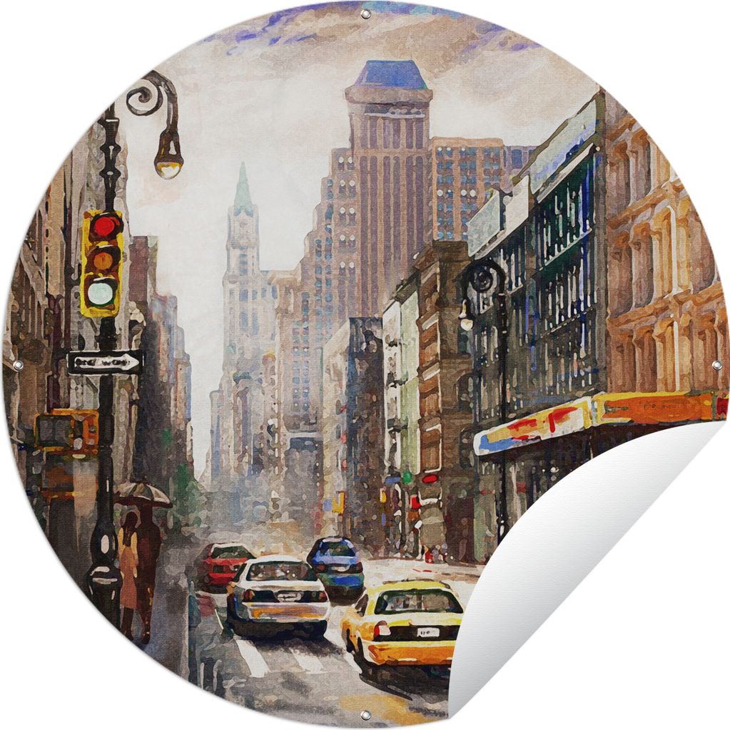 MuchoWow Gartenposter Outdoor-Poster Rund Gemälde - Stadt - Auto - Öl Ø 60 cm Gartendeko Rundes Poster draußen