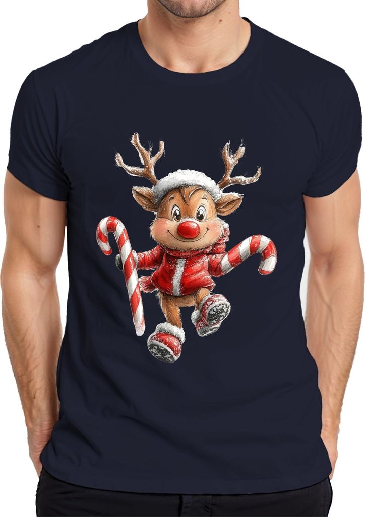 Weihnachtsrentier rote Nase lustig Kinder Geschenk Retro Herren T-Shirt, Navy, M
