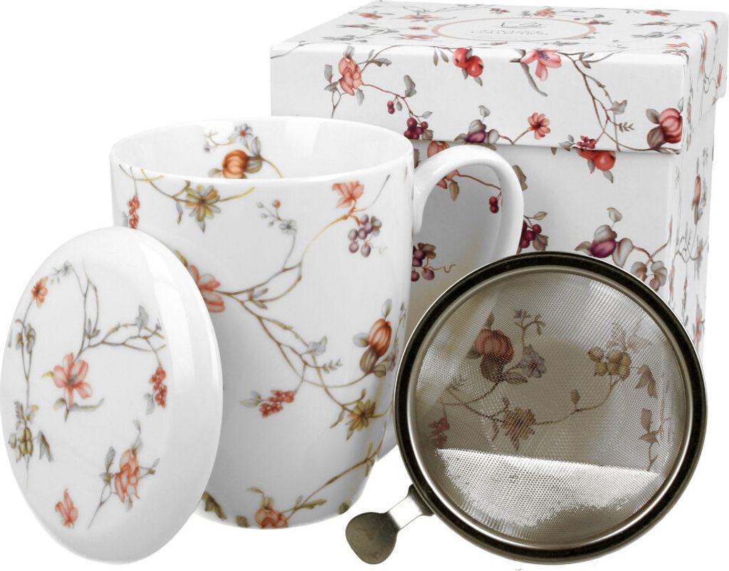 DUO FLORAL Becher 380 ml SAFA mit Teesieb, New Bone China Porzellan