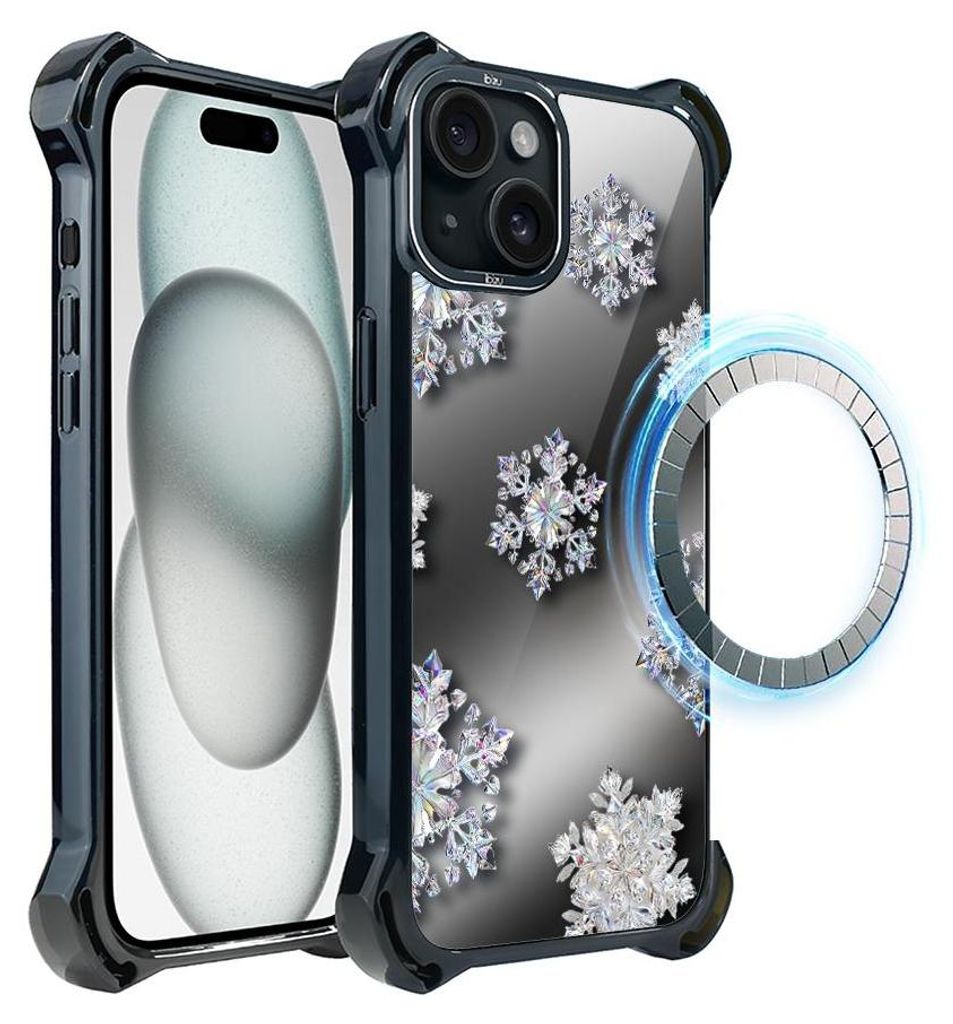 Schutzhülle für das iPhone 15, MagSafe-kompatibel, verstärkte Ecken, schwarz, Diamantene Schneeflocken
