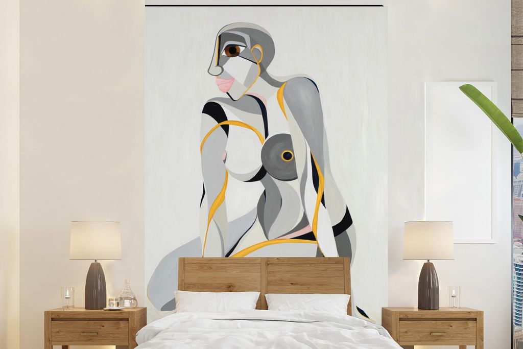 MuchoWow Fototapete für Wohnzimmer oder Schlafzimmer Wandtapete Vinyl Motivtapete Frau - Abstrakt - Gelb - Kunst - 145x220 cm - Wanddekoration