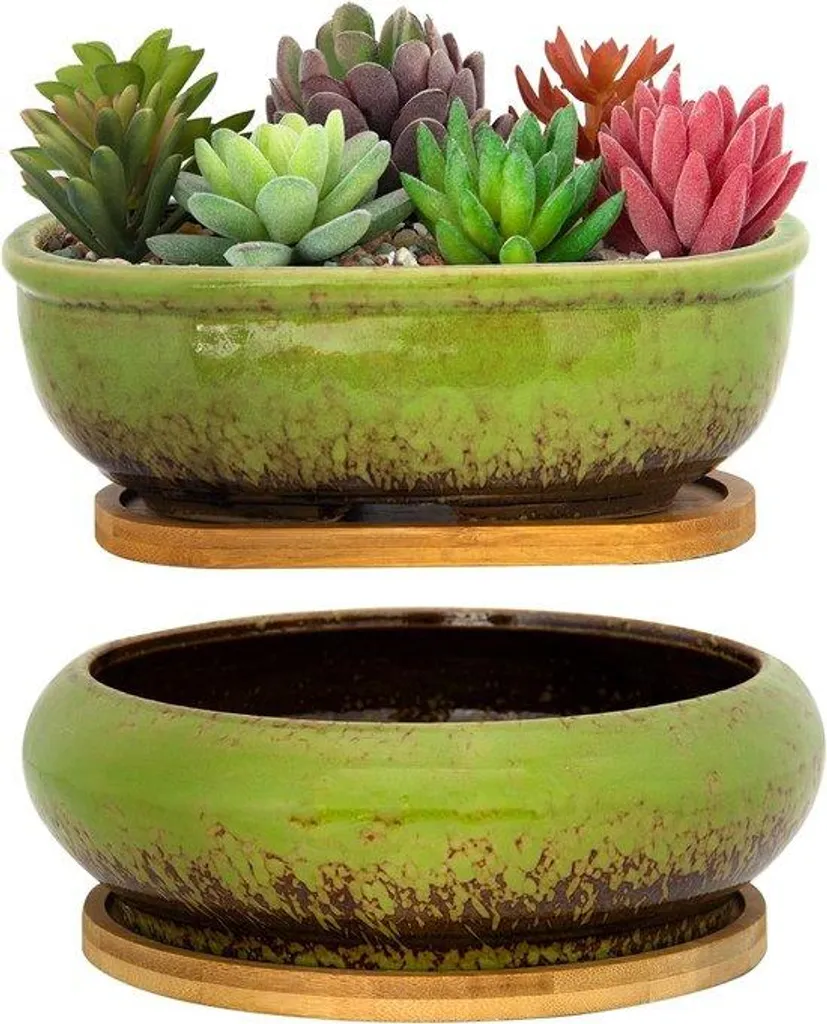 Pots de fleurs en céramique avec drainage - Set de 2 pièces Vert Foncé