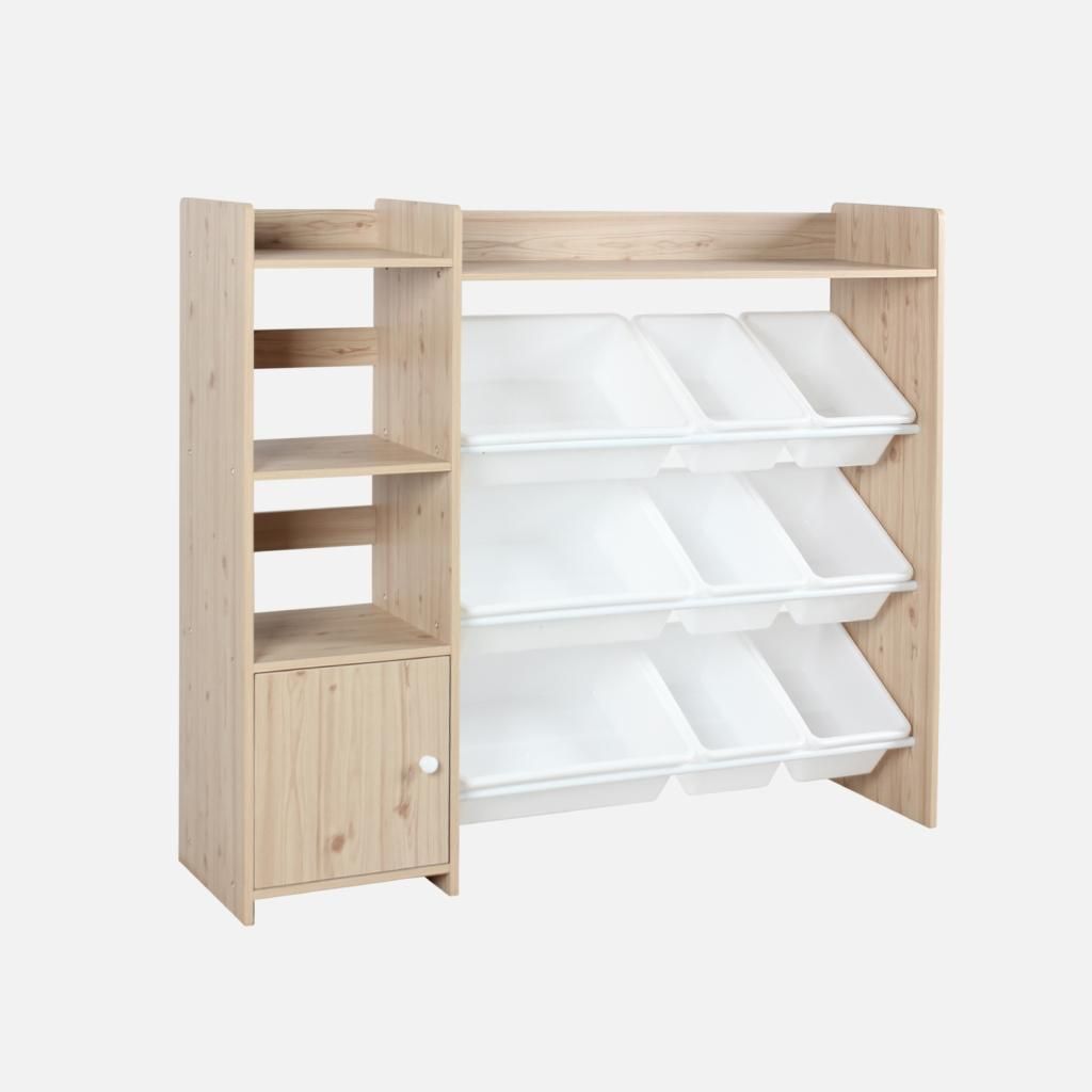 A wooden toy storage unit with multiple white bins and shelves, presented against a plain white background.