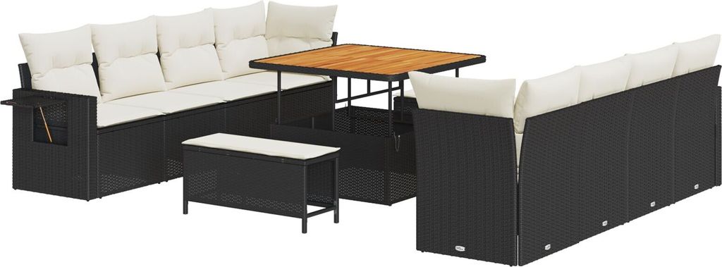 Möbel 11-teiliges Garten Sofa Set mit Kissen Schwarz Poly Rattan Akazie, 3-teiliges Garten Essset mit Kissen Schwarz Poly Rattan Akazie - Gartenso...