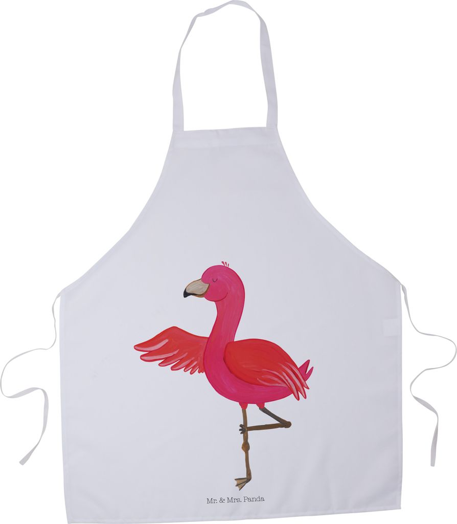 Mr. & Mrs. Panda Kochschürze Flamingo Yoga - Weiß - Geschenk, Schürze, Rosa, Küchenzubehör, Grillmeister-Schürze, Profi, Entspannung, Urlaub,...
