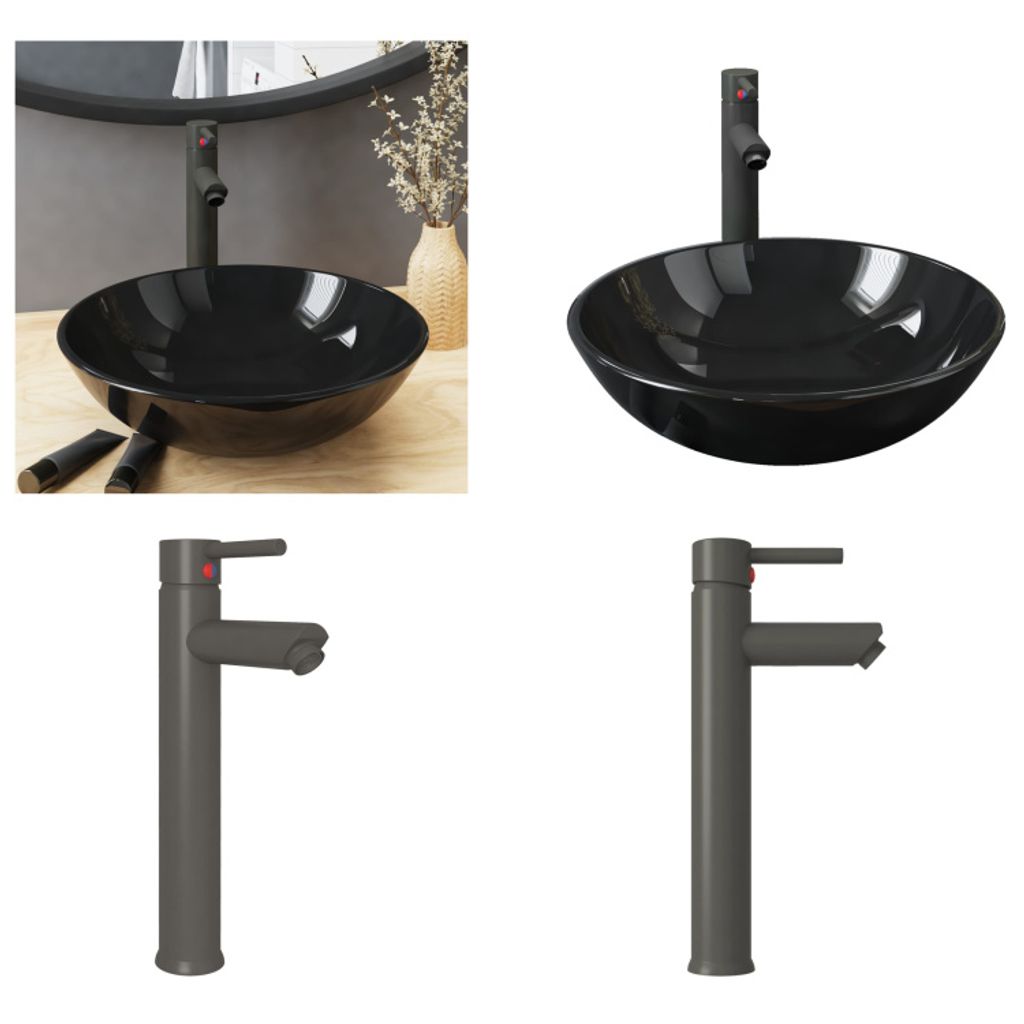 vidaXL Badezimmer Waschbecken mit Wasserhahn und Ablaufgarnitur Schwarz gehärtetes Glas - Waschbecken - Spülbecken - Waschtisch - Gehärtetes Glas