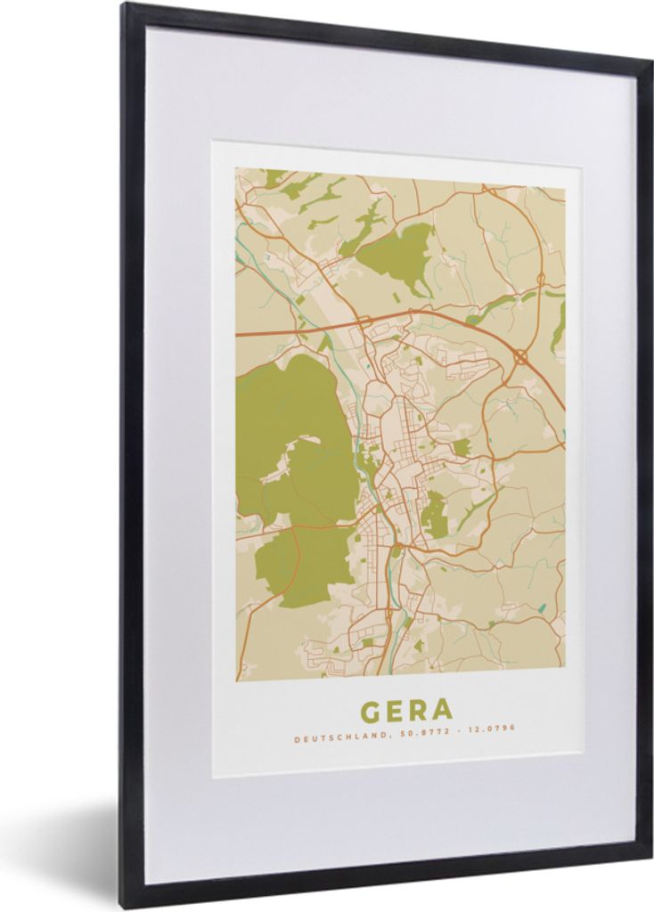 MuchoWow Gerahmtes Poster Karte - Jahrgang - Gera - Stadtplan 40x60 cm - Poster mit Schwarzem Bilderrahmen Wandposter Rahmen Foto Bilder - Poster...