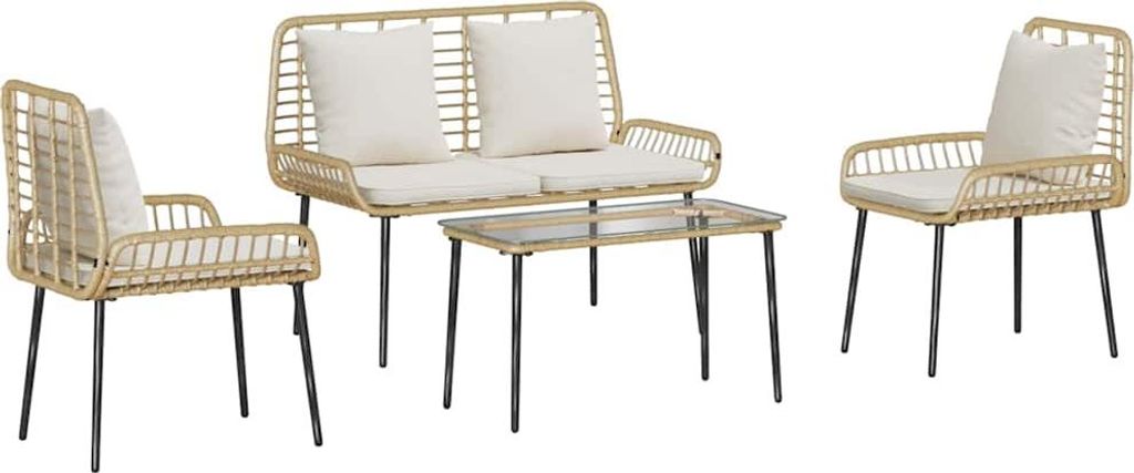 Gartenmöbel Set mit Kissen 4 pcs Schwarz und Creme Poly-Rattan