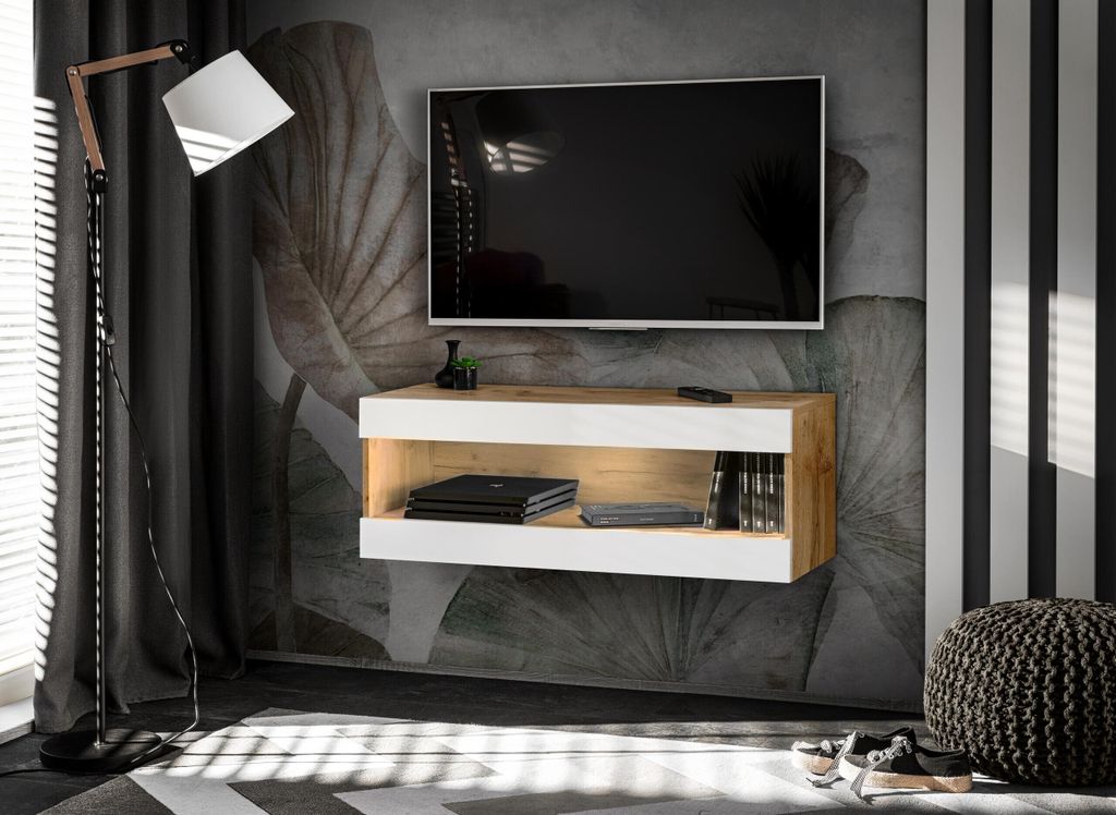 Komodee, Set, Möbel, Tivoli SET4, Wotan/Weiß, Breite 200cm x Höhe 41cm x Tiefe 35cm, LED Blau, für Wohnzimmer, Schlafzimmer