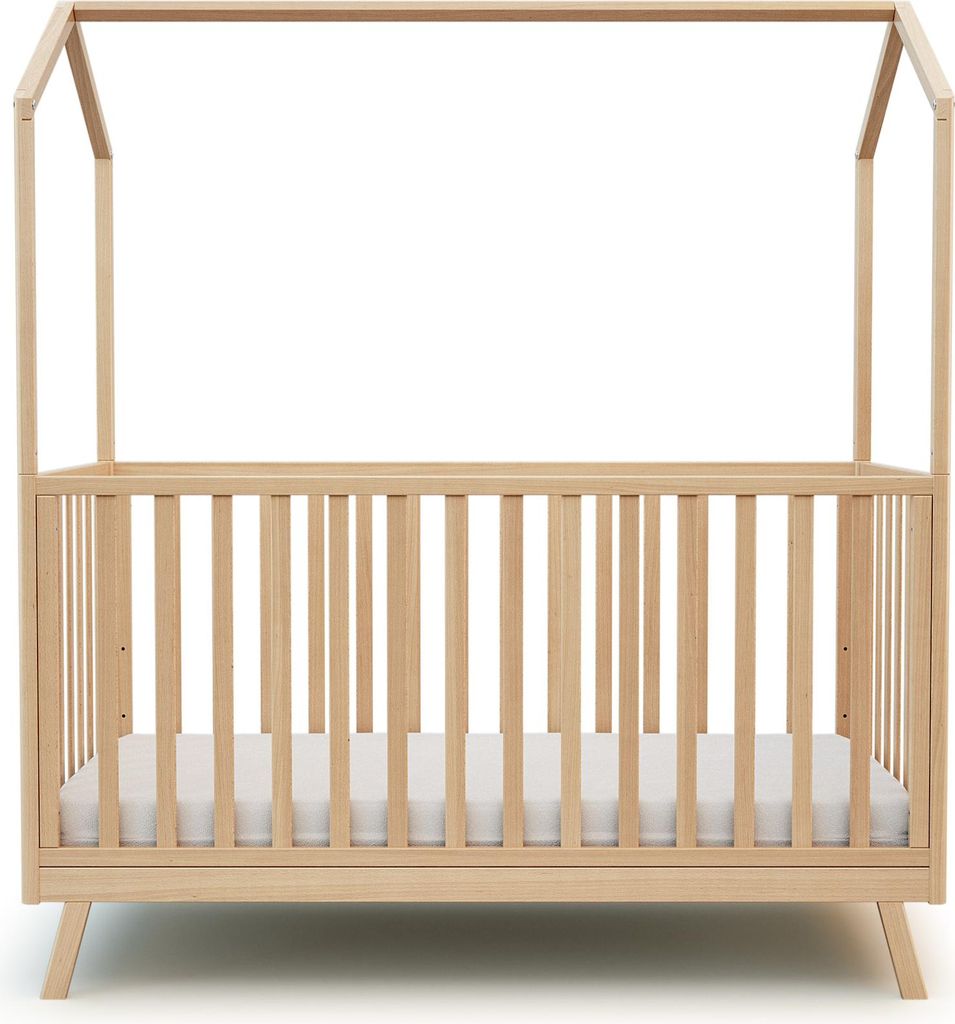 AT4 - Baybett Hausbett Holz 70x140 KASA Lackierte Buche | Babybett umbaubar zum boden juniorbett mädchen und Jung | Gitterbett mit Lattenrost 3 St...
