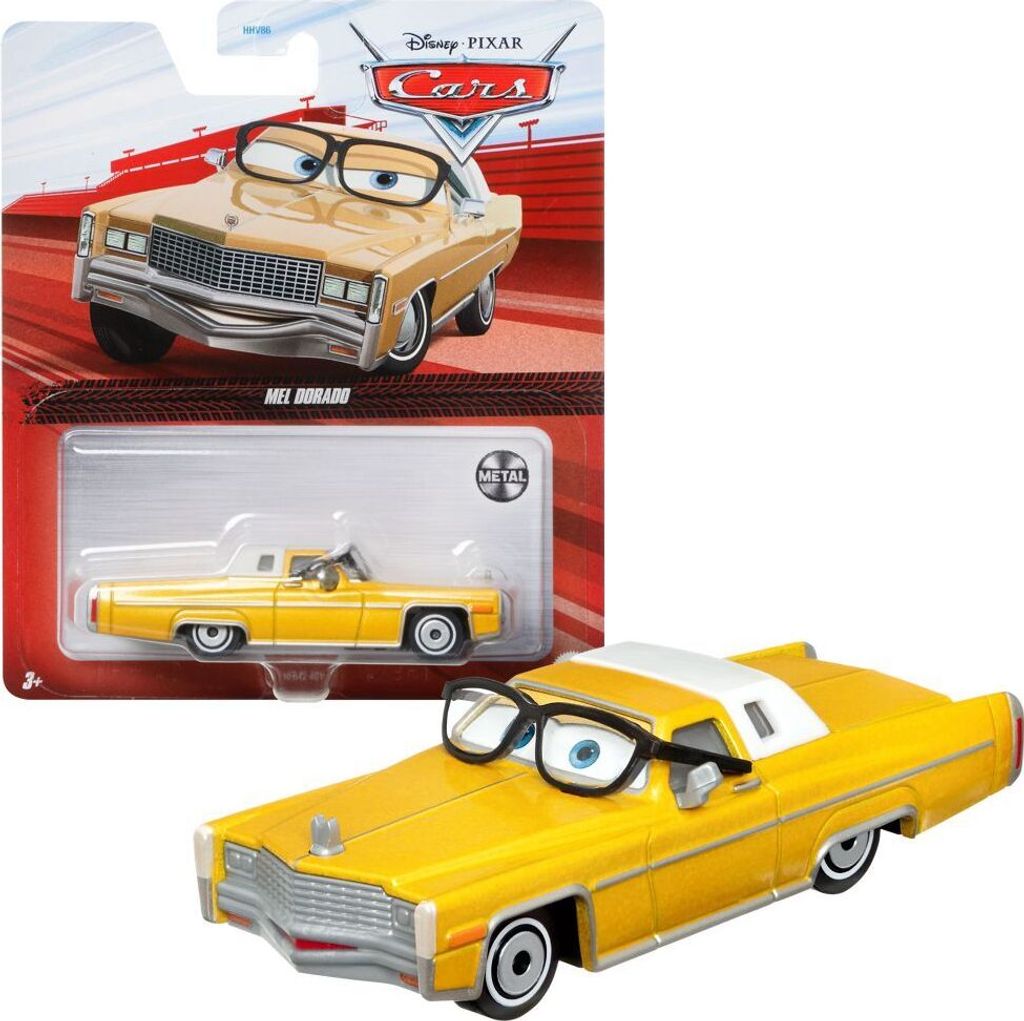 Mattel HFB42 Disney Pixar Cars Mel Dorado mit Brille Cadillac Eldorado 1976 Gelb Gold Moderator Spielzeugauto Modell Fahrzeug Actionauto 9 cm Maßs...