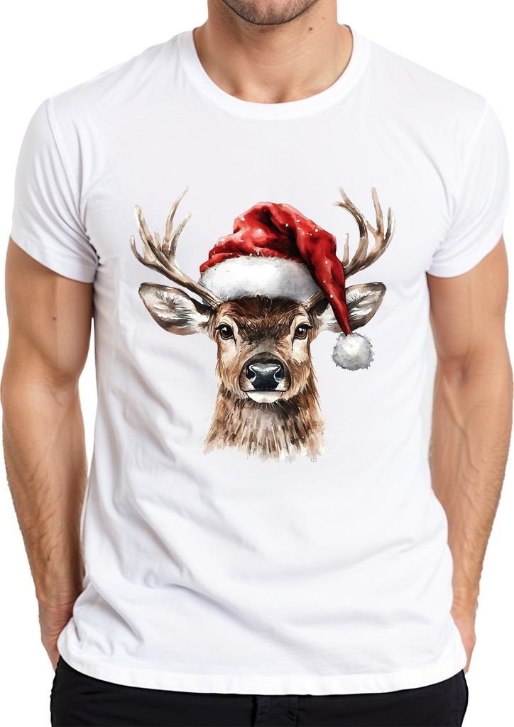 Weihnachtsrentier Aquarell Santa Vintage Geschenk Herren T-Shirt, Weiß, M