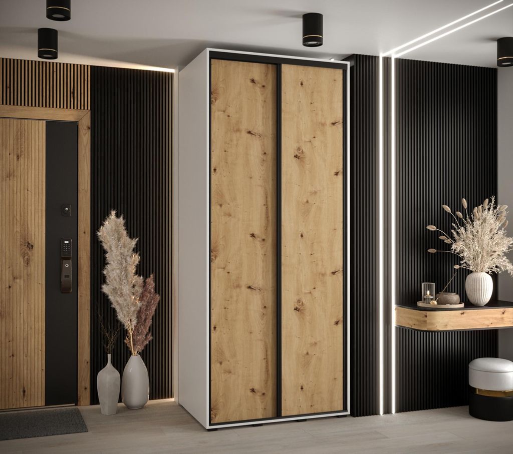 Kleiderschrank YVONA 1 - 110/60 cm, weiß / Eiche handwerklich / schwarz