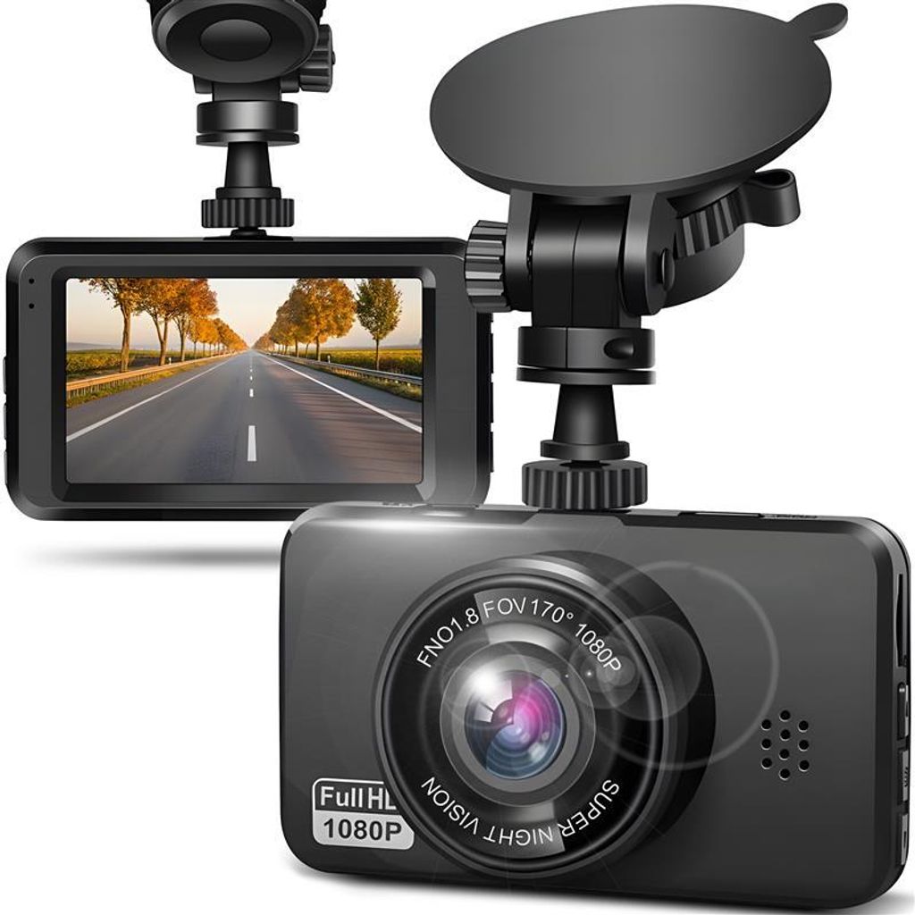 A dashcam with its screen displaying a road scene.