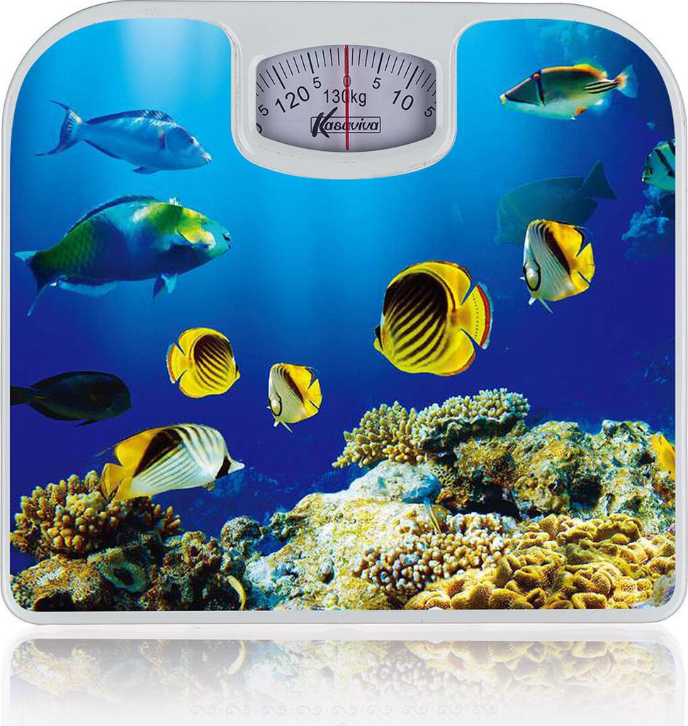 A mechanical scale with a decorative image of an underwater scene with fish and coral.