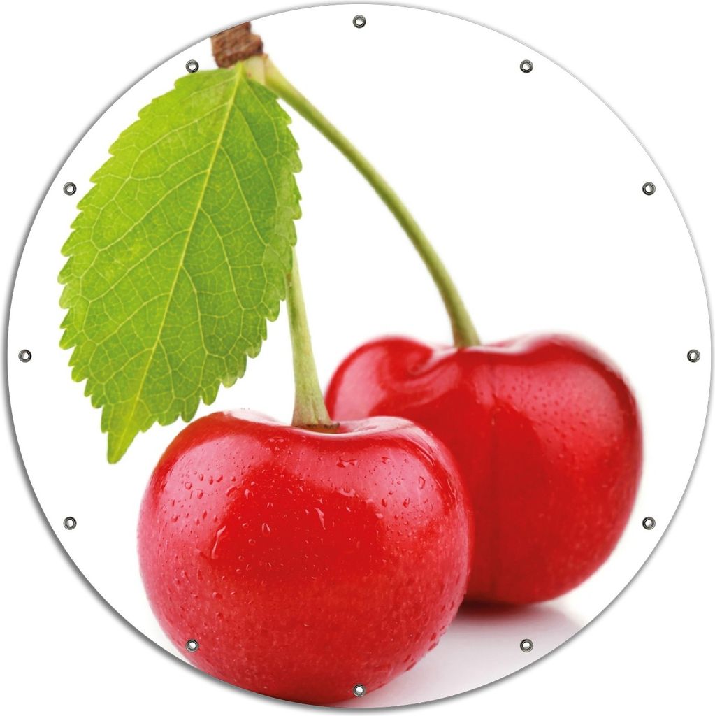 Wallario rundes Outdoor-Poster für Garten oder Balkon, Motiv Saftige Süß-Kirschen mit grünem Blatt, 120 cm Durchmesser