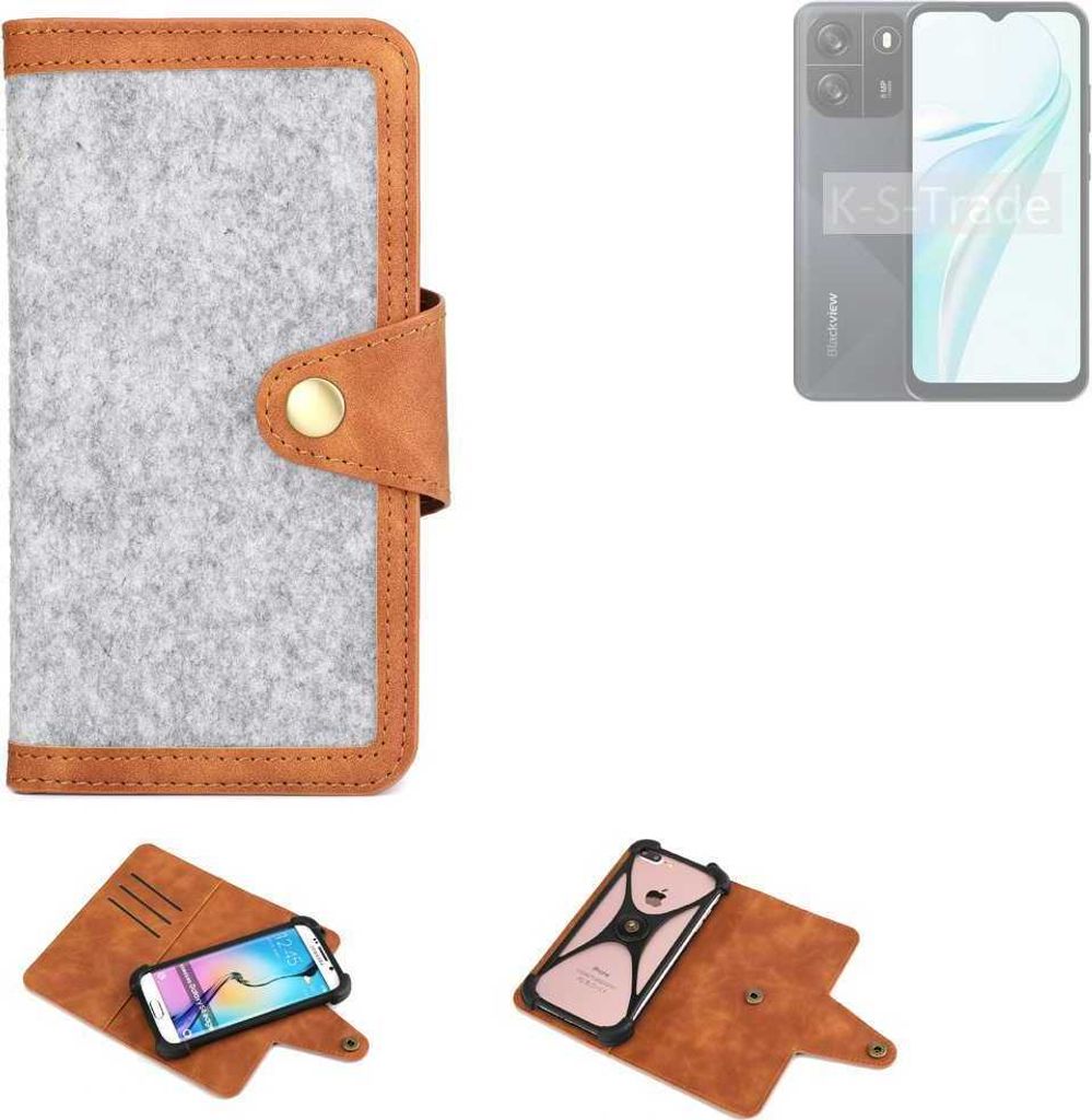 K-S-Trade Handyhülle kompatibel mit Blackview Wave 6C Schutzhülle Filz-Hülle Kunst-Leder hellgrau braun (1x)