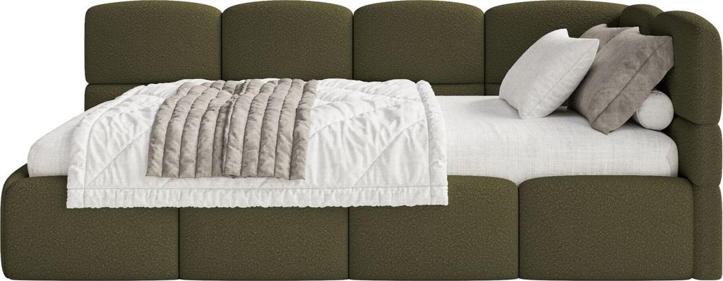 Selsey Cloudy – Jugendbett 90x200 cm, rechtsseitig mit Bouclé-Bezug, Olivgrün