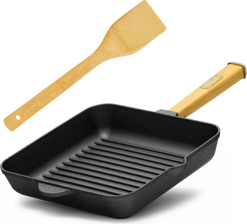 26x26x5 cm Quadratische Grillpfanne aus Gusseisen Holzgriff Pfannenwender Feuerpfanne