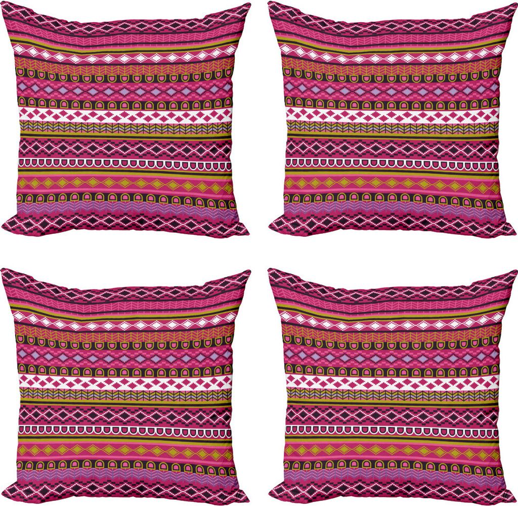 ABAKUHAUS Rosa Kissenbezug Set (4 Stück), Motive Folk Border, Moderner Doppelseitiger Digitaldruck, 50 cm x 50 cm, Mehrfarbig