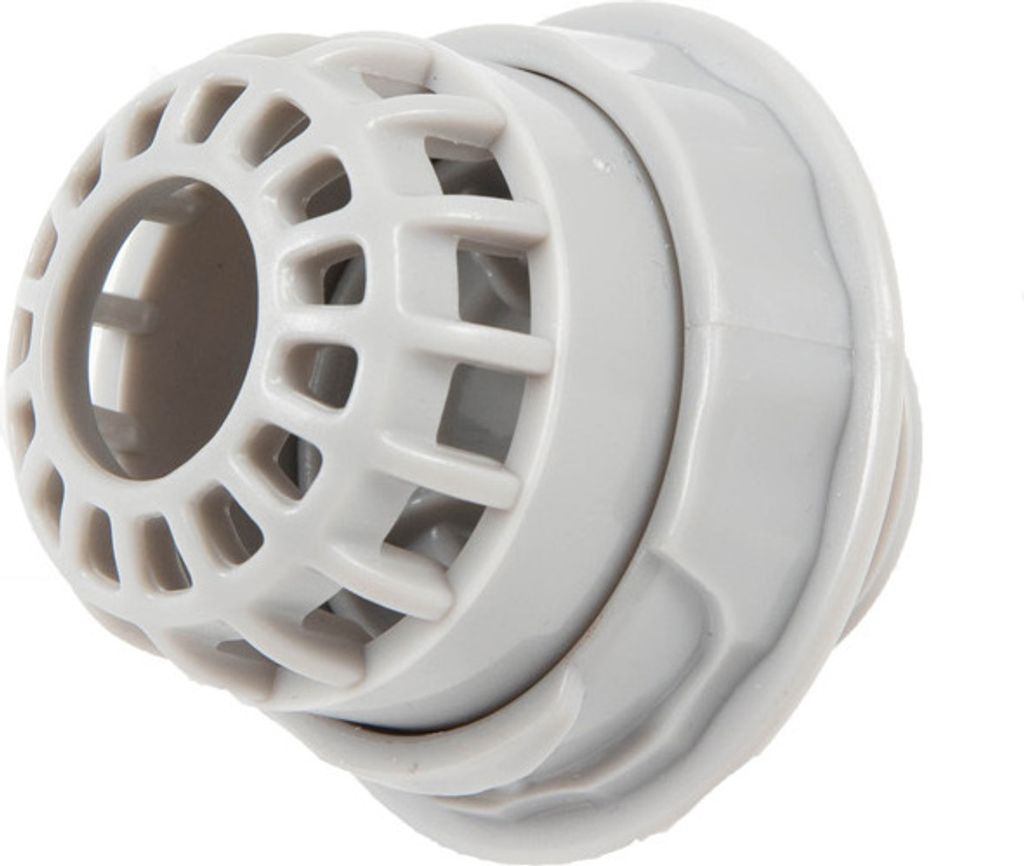 A close-up, isolated shot of a light gray plastic part with a grid-like opening on one end and a threaded connection on the other.