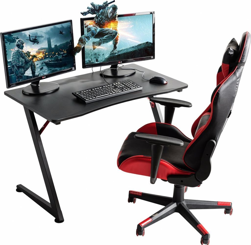 Gaming Tisch, Schreibtisch für Gaming Laptop oder PC, Gamer Computertisch, verstellbare Tischbeine aus Stahl, ergonomische PVC Kohlefaser Tischpla...