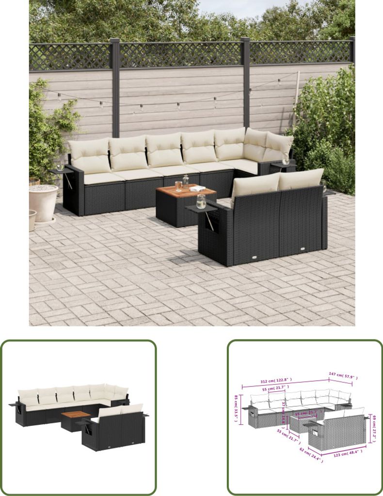 The Living Store 9-tlg. Garten-Sofagarnitur mit Kissen Schwarz Poly Rattan