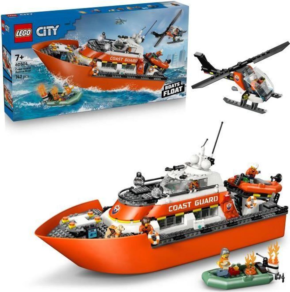 LEGO City Küstenwache Rettungsboot und Hubschrauber, 2 schwimmende Motorboote, 5 Minifiguren, Hund, Spielzeug ab 7 Jahren