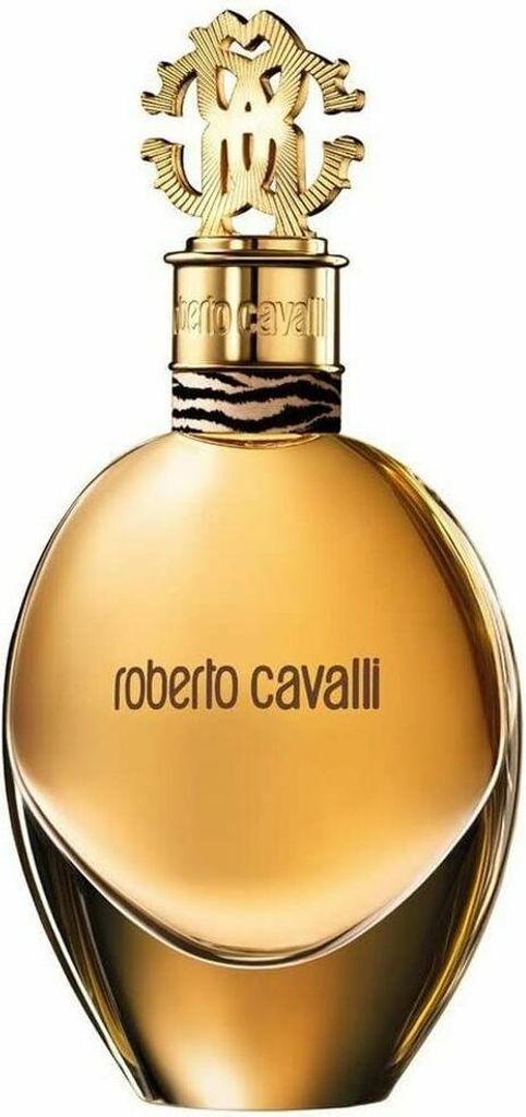 A gold-colored perfume bottle with the brand name 'roberto cavalli' printed on it.