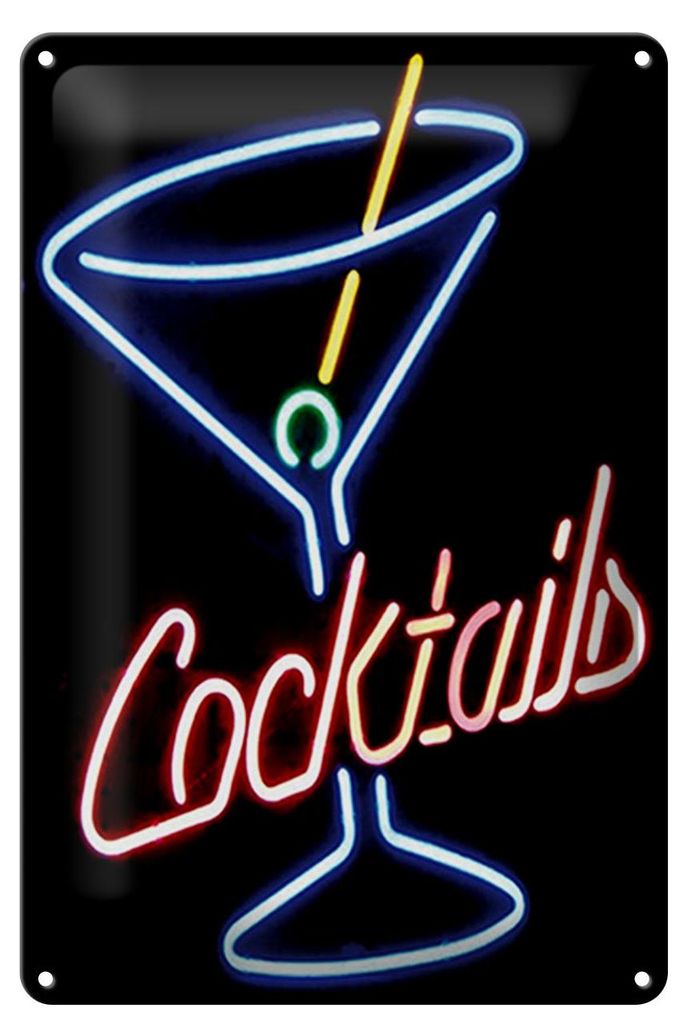Blechschild Alkohol 20x30cm Cocktails Neon Strohhalm
