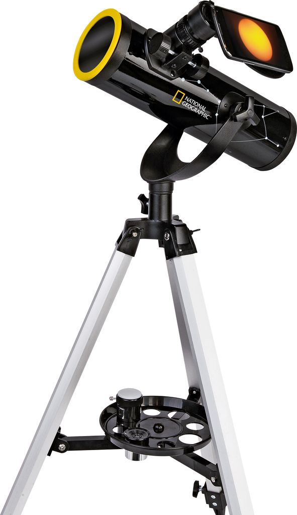 A National Geographic telescope on a tripod, with a smartphone attached to capture images.