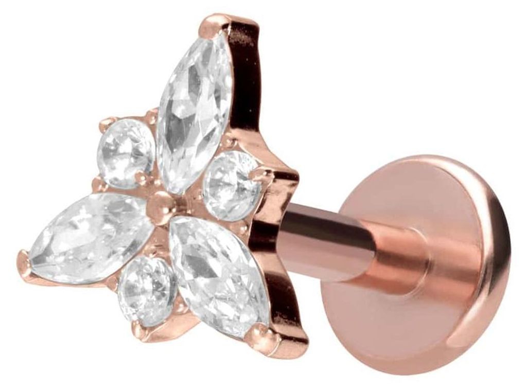 Ohrpiercing, Nasenpiercing Titan Labret mit Innengewinde KRISTALLBLÜTE RoséGold Stablänge: 8mm | Stabstärke: 1,2mm