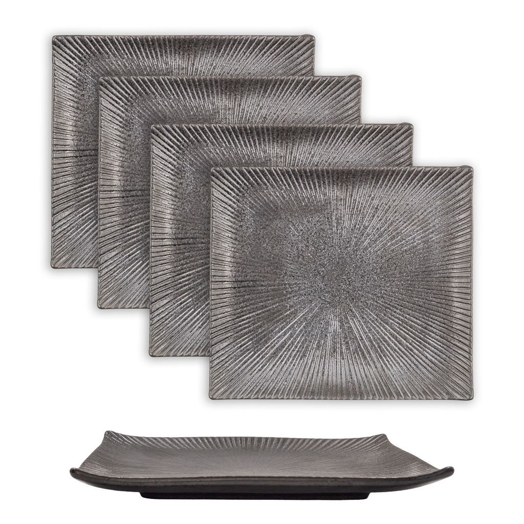 Intirilife 4x Sushi Platte Servier Teller aus Porzellan in Schwarz - 26 x 23.4 x 3.8 cm - Japanisches Sushi Servier Geschirr Handgefertigt Rechteckig